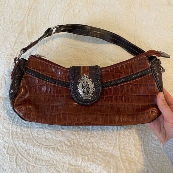 Y2K Brown Faux Alligator Embellished Shoulder Saddle Bag - Picture 4 of 13
